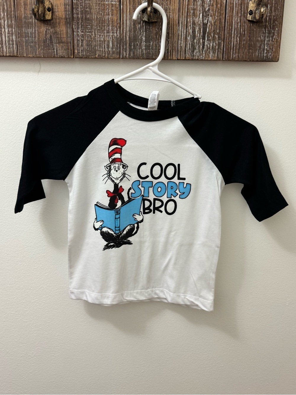 Bella Canvas Black & White Raglan Tee with 'Cool Story Bro' Dr. Seuss Graphic